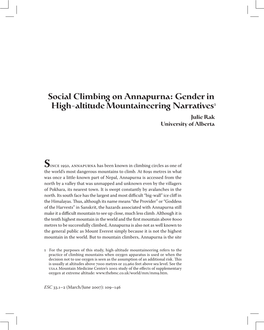 Social Climbing on Annapurna: Gender in High-Altitude Mountaineering Narratives¹ Julie Rak University of Alberta