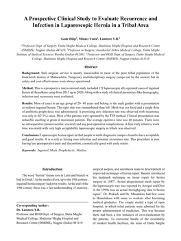 A Prospective Clinical Study to Evaluate Recurrence and Infection in Laparoscopic Hernia in a Tribal Area