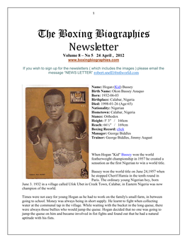 The Boxing Biographies Newsletter Volume 8 – No 5 24 April , 2012
