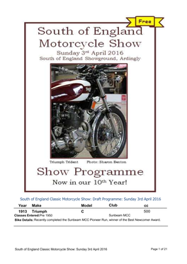 South of England Classic Motorcycle Show: Draft Programme: Sunday 3Rd April 2016