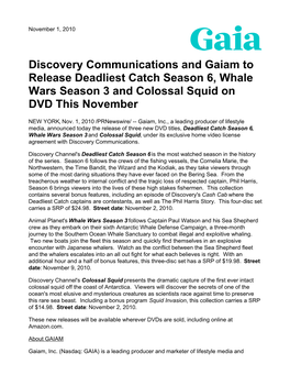 Discovery Communications and Gaiam to Release Deadliest Catch Season 6, Whale Wars Season 3 and Colossal Squid on DVD This November