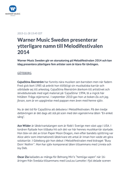 Warner Music Sweden Presenterar Ytterligare Namn Till Melodifestivalen 2014
