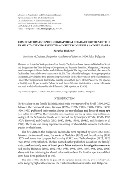 COMPOSITION and ZOOGEOGRAPHICAL CHARACTERISTICS of the FAMILY TACHINIDAE (DIPTERA: INSECTA) in SERBIA and BULGARIA Zdravko Huben