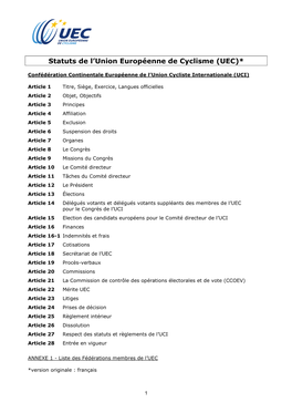 Statuts De L'union Européenne De Cyclisme (UEC)*