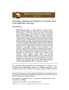 Technology Adoption and Adaptation in Canada's West Coast Shipyards, 1918-1950