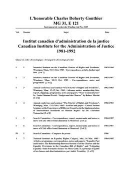 L'honorable Charles Doherty Gonthier MG 31, E 121 Instrument De Recherche/ Finding Aid No