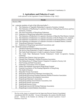 1. Agriculture and Fisheries (1 Seat) (With Reference to the Legislative Council Ordinance (Cap