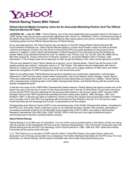 Patrick Racing Teams with Yahoo! Global Internet Media Company Joins As an Associate Marketing Partner and the Official Internet Service of Team JACKSON, MI