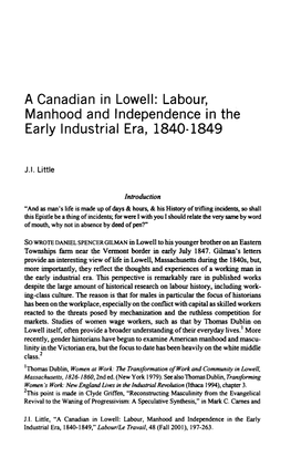 A Canadian in Lowell: Labour, Manhood and Independence in the Early Industrial Era, 1840-1849