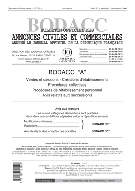 Bodacc Bulletin Officiel Des Annonces Civiles Et Commerciales Annexé Au Journal Officiel De La