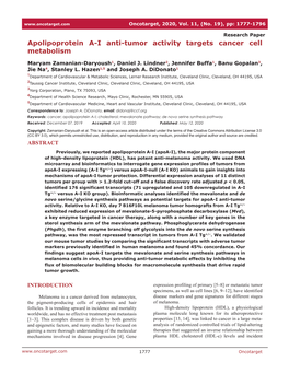 Apolipoprotein A-I Anti-Tumor Activity Targets Cancer Cell Metabolism