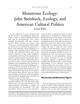 Monstrous Ecology: John Steinbeck, Ecology, and American Cultural Politics Lloyd Willis