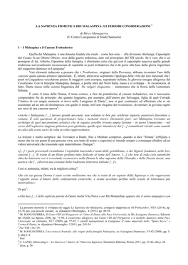 La Sapienza Ermetica Dei Malaspina: Ulteriori Considerazioni 1