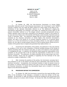 REPORT N° 24/06 CASE 10.720 ADMISSIBILITY EL MOZOTE MASSACRE EL SALVADOR March 2, 2006 I. SUMMARY 1. on October 30, 1990, the I