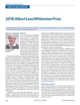 2018 Albert Leonwhiteman Prize