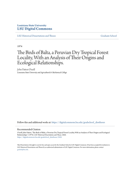 The Birds of Balta, a Peruvian Dry Tropical Forest Locality, with an Analysis of Their Origins and Ecological Relationships