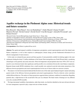 Aquifer Recharge in the Piedmont Alpine Zone: Historical Trends And