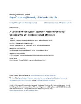 A Scientometric Analysis of Journal of Agronomy and Crop Science (2000 -2019) Indexed in Web of Science