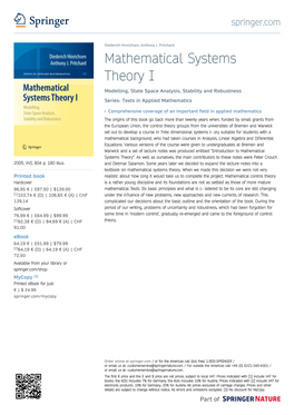 Mathematical Systems Theory I Modelling, State Space Analysis, Stability and Robustness Series: Texts in Applied Mathematics