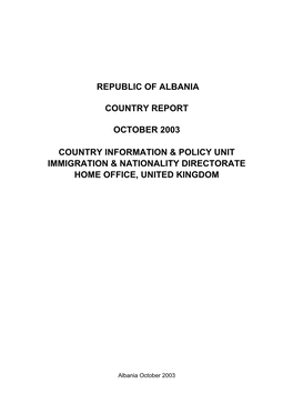 Republic of Albania Country Report October 2003