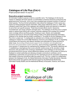 Catalogue of Life Plus (Col+) Project Proposal Version 10 July 2017 ​ ​