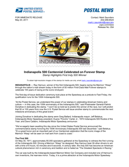 Indianapolis 500 Centennial Celebrated on Forever Stamp Stamp Highlights First Indy 500 Winner