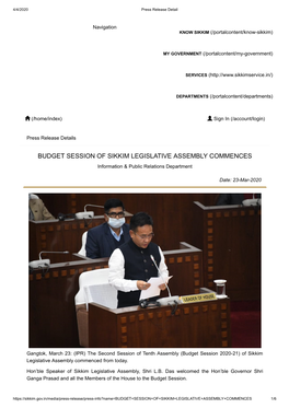 BUDGET SESSION of SIKKIM LEGISLATIVE ASSEMBLY COMMENCES Information & Public Relations Department