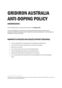 Gridiron Australia Anti-Doping Policy Interpretation