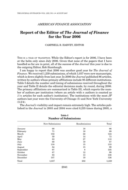 Report of the Editor of the Journal of Finance for the Year 2006