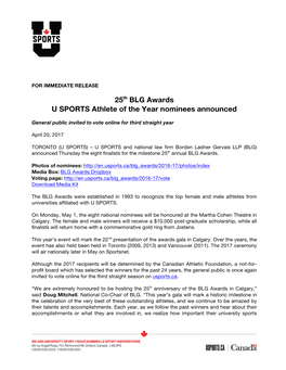 25Th BLG Awards U SPORTS Athlete of the Year Nominees Announced