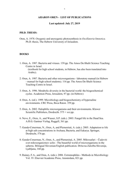 Aharon Oren - List of Publications