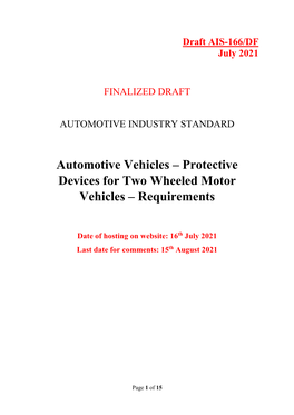 Automotive Vehicles – Protective Devices for Two Wheeled Motor Vehicles – Requirements