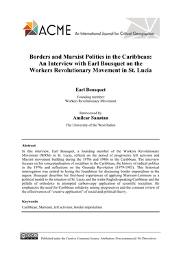 Borders and Marxist Politics in the Caribbean: an Interview with Earl Bousquet on the Workers Revolutionary Movement in St