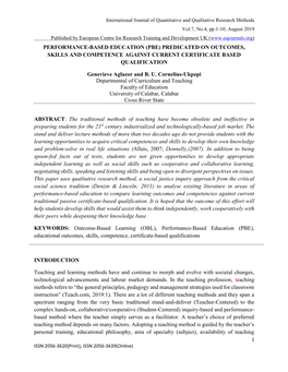 Performance-Based Education (Pbe) Predicated on Outcomes, Skills and Competence Against Current Certificate Based Qualification