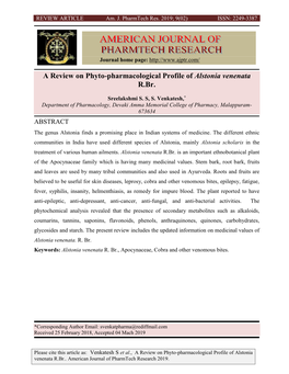 A Review on Phyto-Pharmacological Profile of Alstonia Venenata R.Br