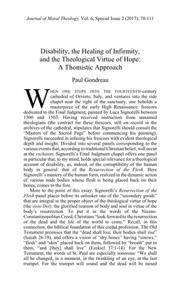 Disability, the Healing of Infirmity, and the Theological Virtue of Hope: a Thomistic Approach