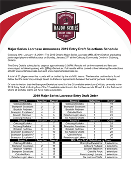 Major Series Lacrosse Announces 2019 Entry Draft Selections Schedule