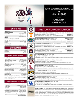 South Carolina (2-2) at -/Rv Lsu (1-2) ----- Carolina Game Notes