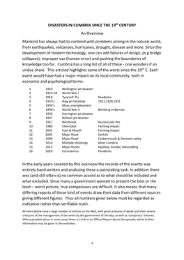 Disasters in Cumbria 1900-Onwards