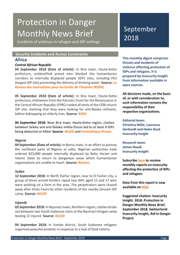 Protection in Danger Monthly News Brief September 2018 Incidents of Violence in Refugee and IDP Settings