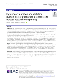 High Impact Nutrition and Dietetics Journals' Use of Publication