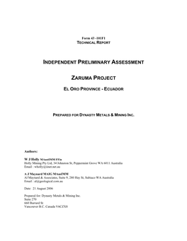 Independent Preliminary Assessment Zaruma Project