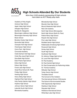 High Schools Attended by Our Students More Than 2,000 Students Representing 63 High Schools Have Taken an ACT Ready Prep Class