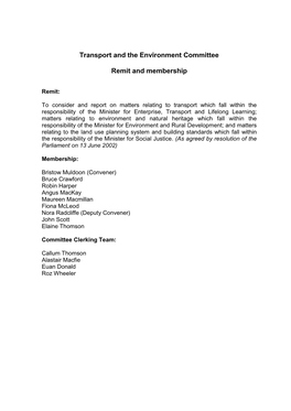 Transport and the Environment Committee Remit and Membership