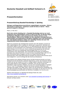 Deutscher Baseball Und Softball Verband E.V. Presseinformation