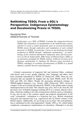 Indigenous Epistemology and Decolonizing Praxis in TESOL