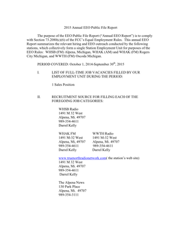 Annual EEO Report”) Is to Comply with Section 73.2080(C)(6) of the FCC’S Equal Employment Rules