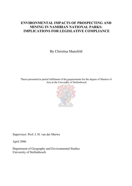 Environmental Impacts of Prospecting and Mining in Namibian National Parks : Implications for Legislative Compliance