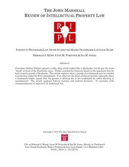 Dumb Starbucks Makes Trademark Law Look Dumb, 14 J. MARSHALL REV. INTELL. PROP. L. 143 (2015)