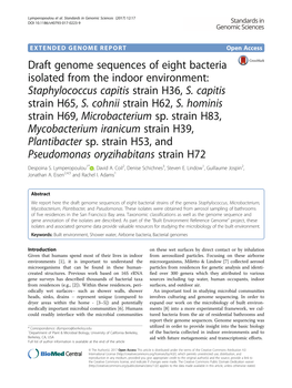 Draft Genome Sequences of Eight Bacteria Isolated from the Indoor Environment: Staphylococcus Capitis Strain H36, S